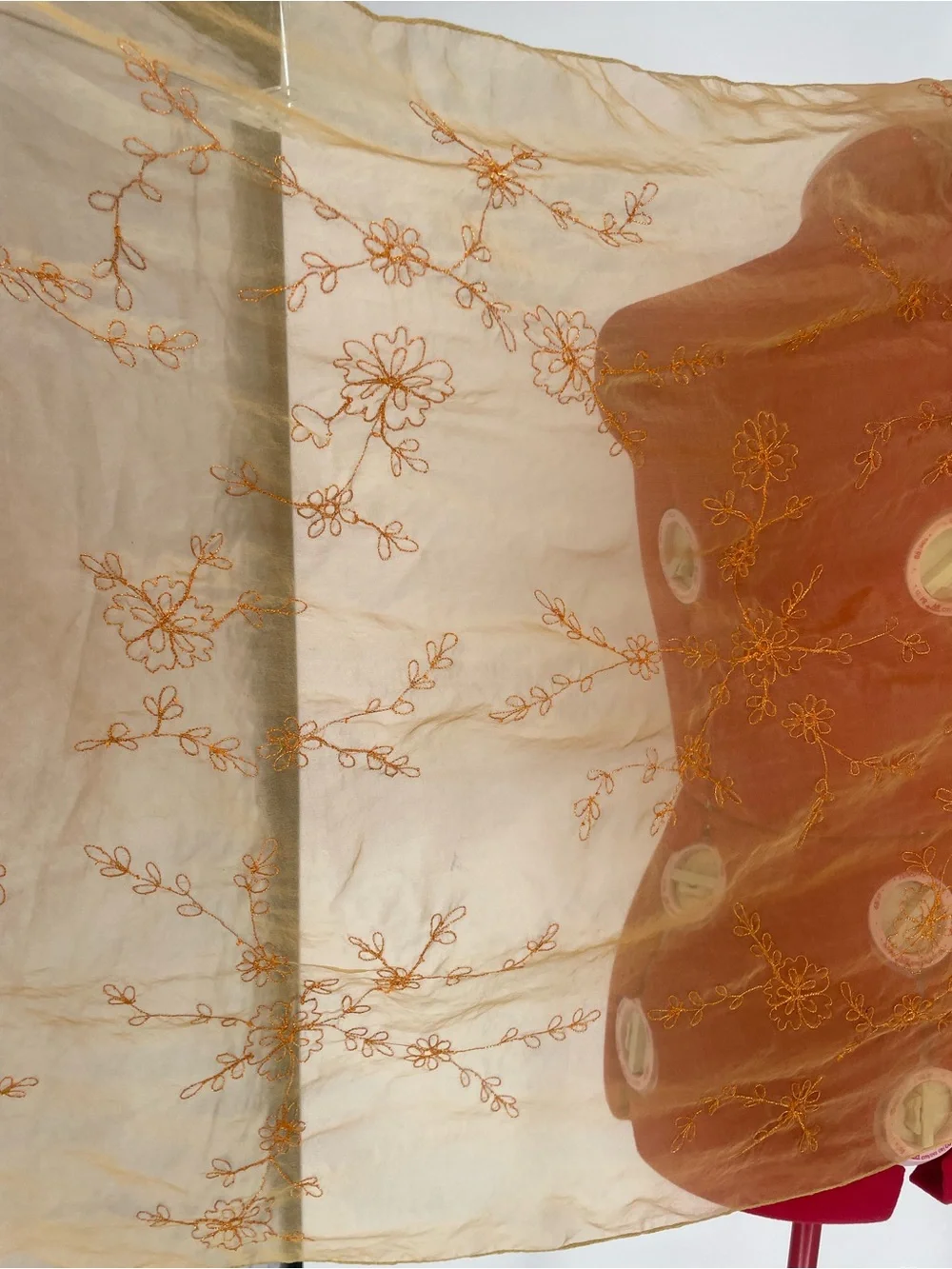 Laila Rowe 100% Silk Golden Orange Large Sheer Organza Embroidered Scarf / Wrap